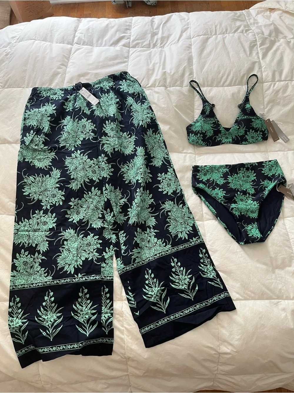 J Crew Pineapple Floral Navy and Green Three-Piece Swim Set